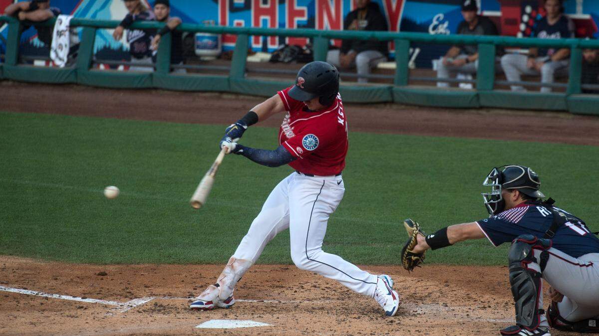 Tacoma Rainiers outfielder Jarred Kelenic swings at a pitch during a game against the Reno Aces on Saturday, July 3, 2021 at Cheney Stadium in Tacoma, Wash.