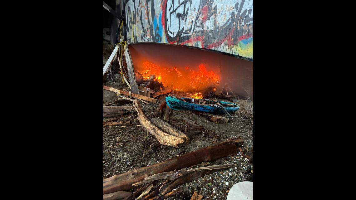 A photo from the Key Peninsula Fire Department Facebook page shows debris near a blaze that erupted under the Purdy Bridge on Friday, Jan. 9, 2026.