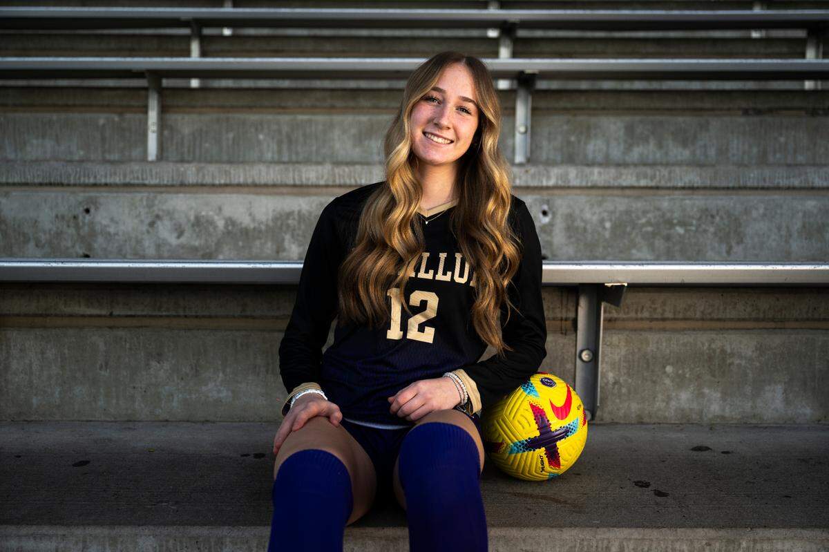 Puyallup High School forward Ella Bach poses for a portrait at Sparks Stadium, on Monday, Dec. 16, 2024, in Puyallup, Wash.