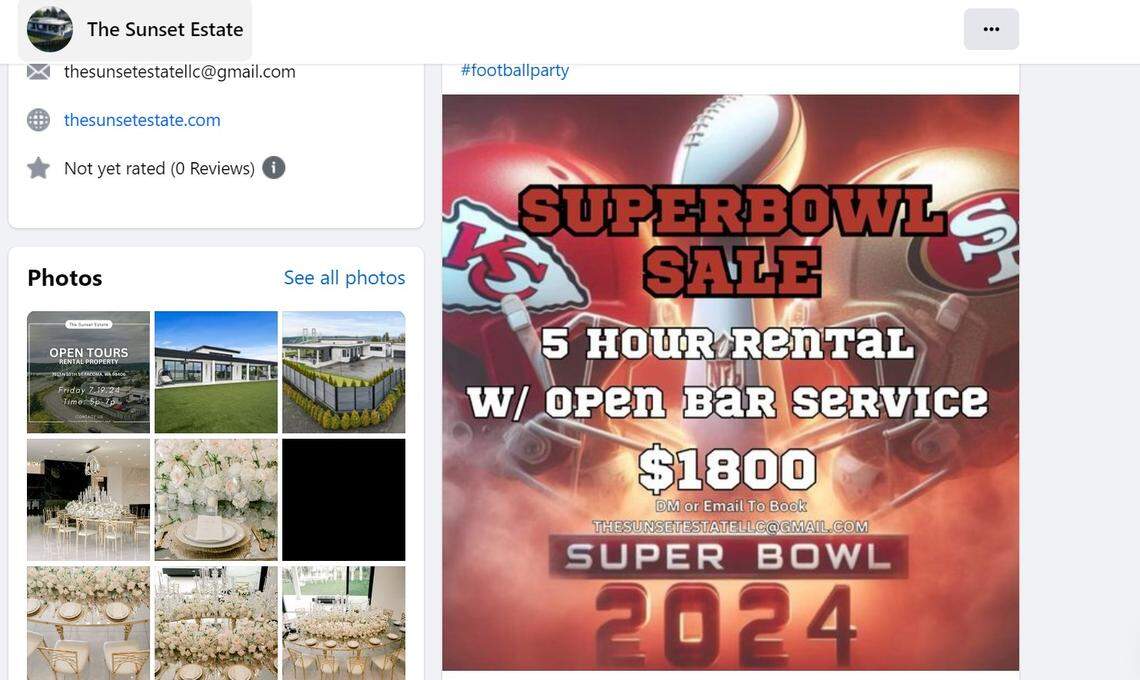 The Sunset Estate’s Instagram post about a Super Bowl party rental in February 2024.
