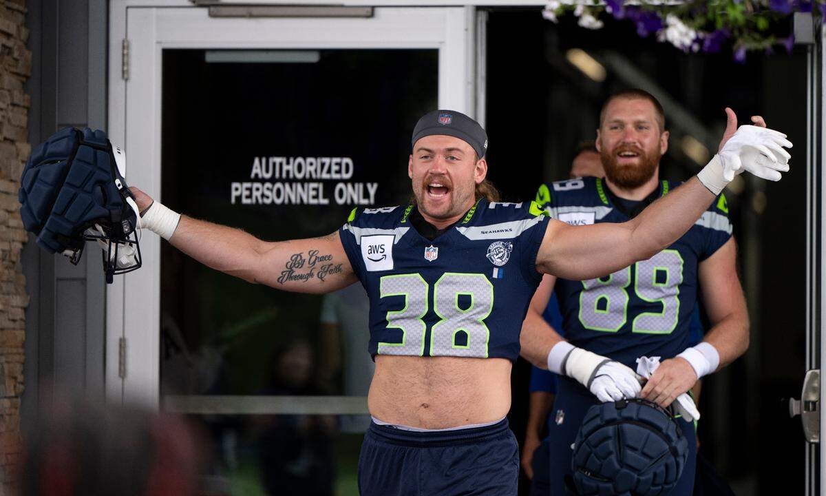Seattle Seahawks fullback Brady Russell (38) comes out during training camp at Virginia Mason Athletic Center on Friday, July 25, 2025, in Renton, Wash.