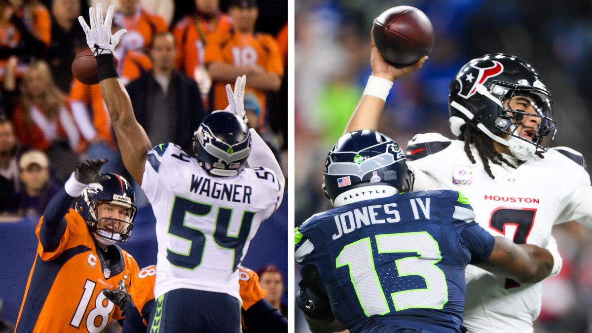 Broncos quarterback Peyton Manning gets pressured by Seahawks linebacker Bobby Wagner as he throws a pass that is intercepted by Seahawks safety Kam Chancellor in the first quarter during Super Bowl XLVIII at MetLife Stadium in East Rutherford, New Jersey, Feb. 2, 2014. The Seahawks beat the Broncos 43-8. (Joe Barrentine / The News Tribune archives) RIGHT: Seattle Seahawks linebacker Ernest Jones IV (13) sacks Houston Texans quarterback C.J. Stroud (7) forcing the fumble during the second quarter of the game at Lumen Field, on Monday, Oct. 20, 2025, in Seattle. The resulting play and safety was called back. (Brian Hayes / bhayes@thenewstribune.com)