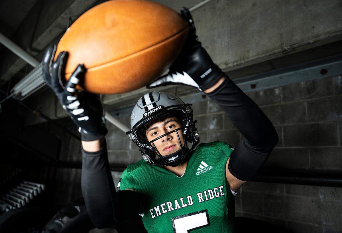 Emerald Ridge junior Tony Harste poses for a portrait after being selected as a wide receiver for the News Tribune’s 2022 all-area football team, at Mount Tahoma High School in Tacoma, Wash. on Dec. 4, 2022.