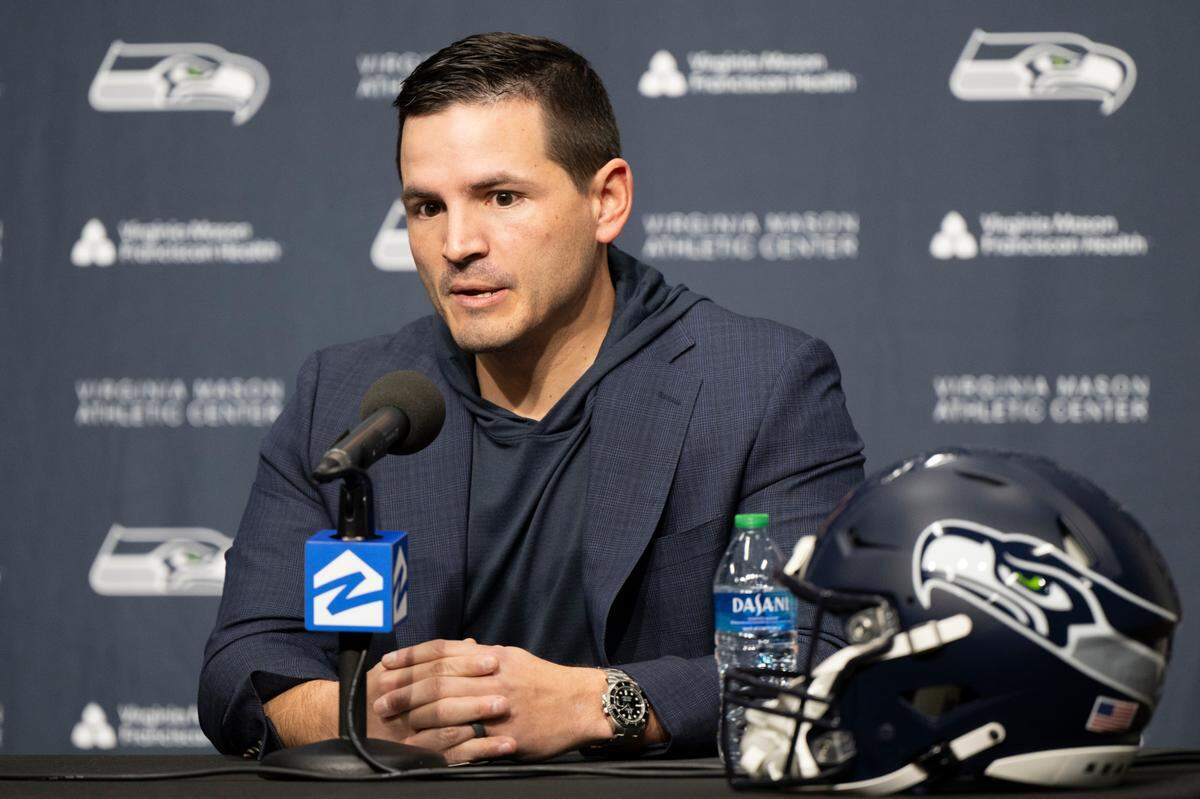 New Seahawks head coach Mike Macdonald gives a statement during his press conference as head coach at Virginia Mason Athletic Center on Thursday, Feb. 1, 2024, in Renton, Washington.