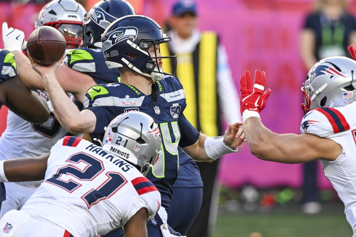 Seattle Seahawks quarterback Sam Darnold (14) throws a pass during Super Bowl LX at Levi’s Stadium in Santa Clara on Sunday, Feb. 8, 2026.
