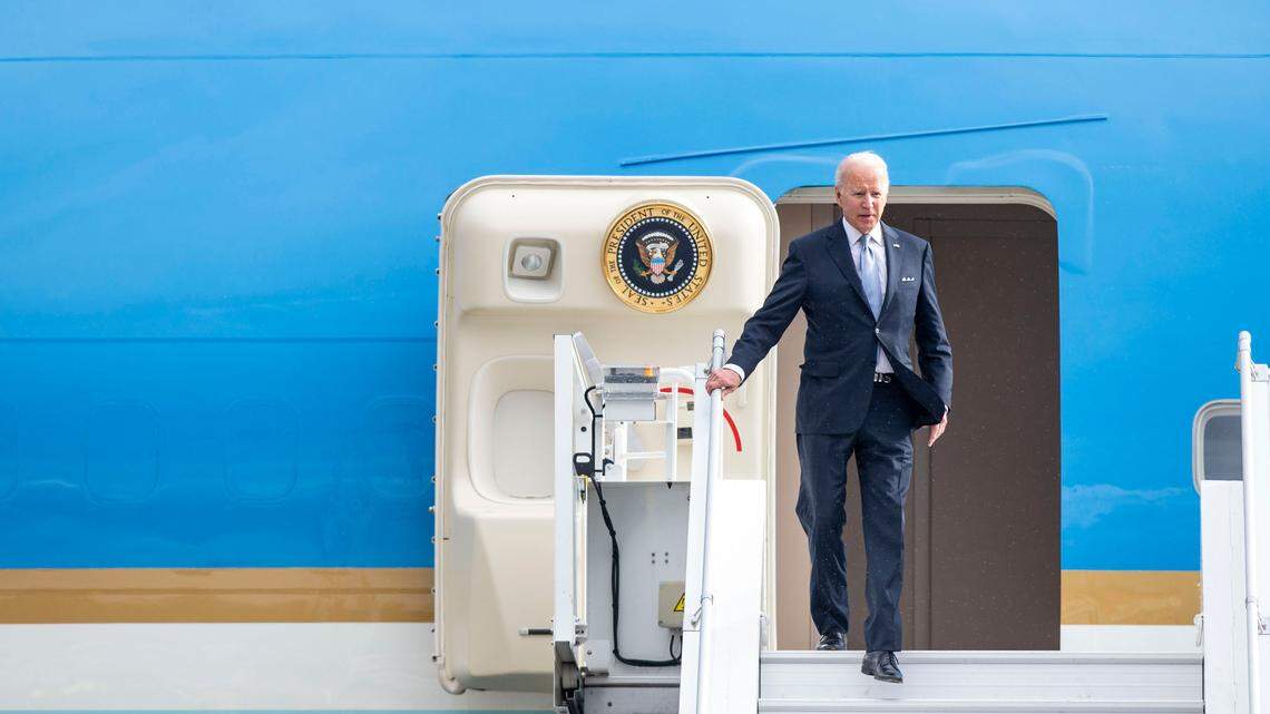 President Joe Biden exits Air Force One on Thursday, April 21, 2022, at SeaTac International Airport in Seattle.