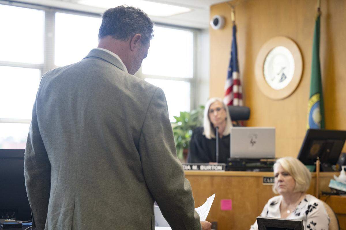 Mark Tinney, the father of Sophie Tinney, speaks at the sentencing hearing for Lars Nelson, not pictured, on Thursday, June 4, 2026, at Pierce County Superior Court in Tacoma, Wash. Nelson pleaded guilty in April to second-degree murder for fatally shooting 27-year-old Sophie Tinney on April 20, 2025 in a Fox Island home.