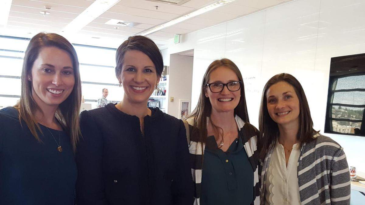 Long time Key Peninsula friends, from left, Emily Berken, Blythe Adamson, Amy Bisciglia, and Kylee Nimrick attending Blythe’s dissertation defense for her Ph.D. in Pharmaceutical Outcomes and Research in May.