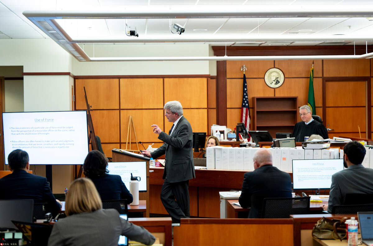 Defense attorney Wayne Fricke gives closing arguments for Defendant Christopher “Shane” Burbankduring the trial of three Tacoma Police officers in the killing of Manny Ellis at Pierce County Superior Court, Tuesday, Dec. 12, 2023, in Tacoma, Wash. Tacoma Police Officers Christopher Burbank, Matthew Collins and Timothy Rankine stand trial for charges related to the March 2020 killing of Manny Ellis. (Brian Hayes / Pool Photo – The News Tribune)