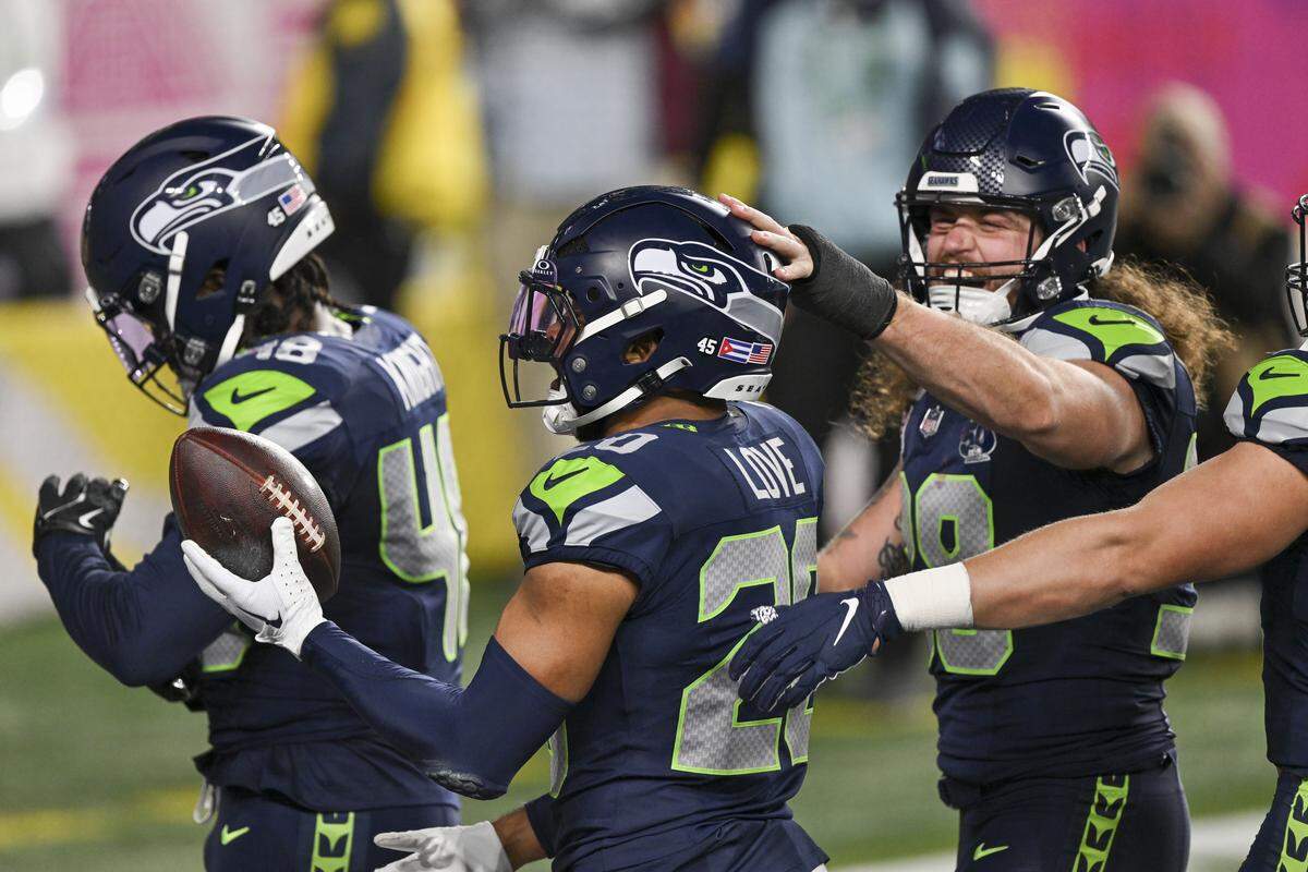 Seattle Seahawks safety Julian Love (20) celebrates after a play during Super Bowl LX at Levi’s Stadium in Santa Clara on Sunday, Feb. 8, 2026.