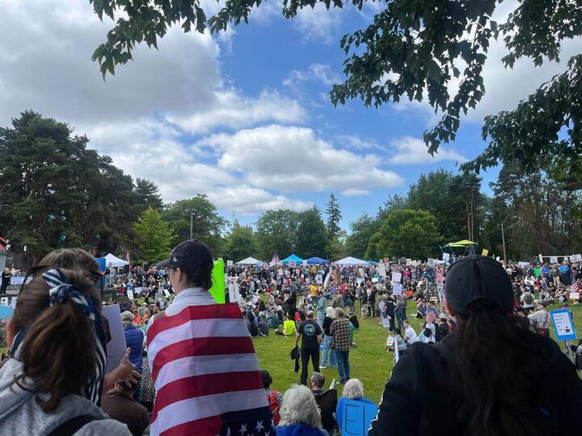 Crowds gather at People’s Park on Tacoma’s Hilltop for a No Kings event on Saturday, June 14, 2025.