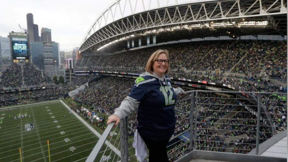 Seahawks chair Jody Allen after rasing the 12 Flag just before kickoff of the team’s game against the Los Angeles Rams on Oct. 3, 2019, at CenturyLink Field in Seattle.