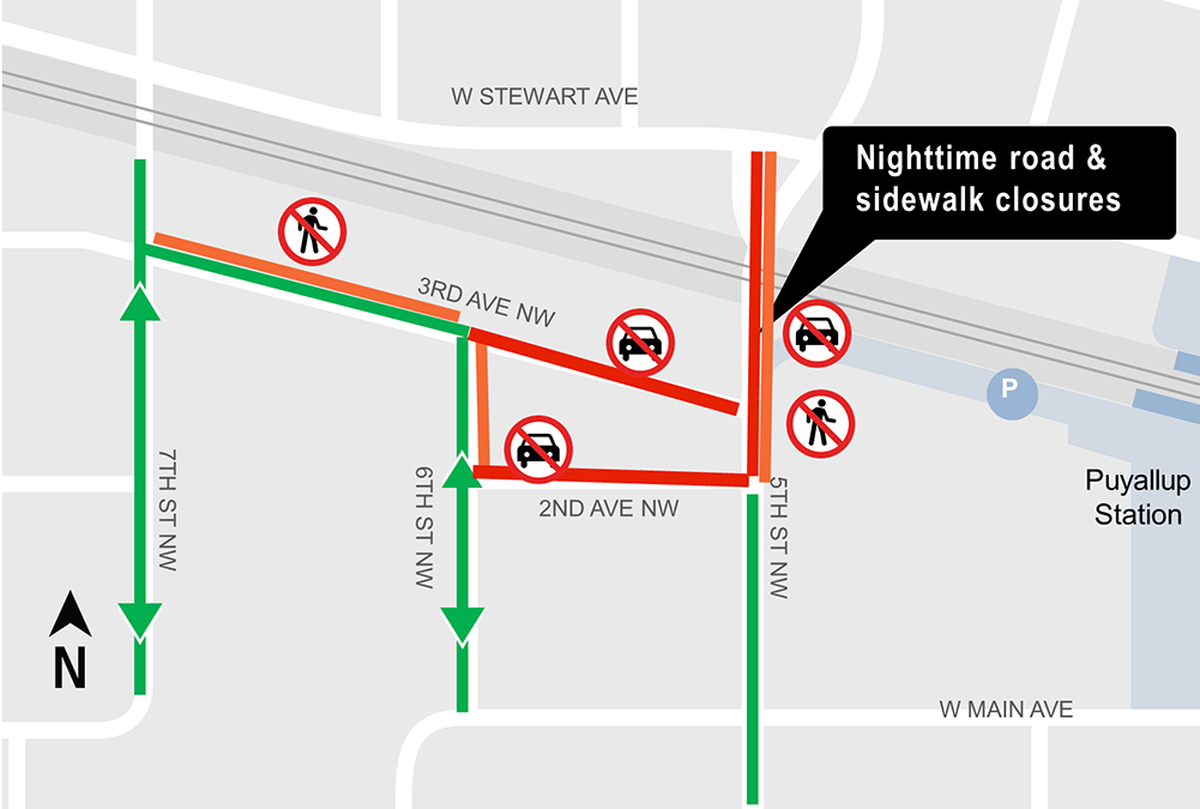 Closures near 5th Street Northwest between 2nd Avenue Northwest and West Stewart Avenue will continue this week and next week from 9 p.m. to 5 a.m.