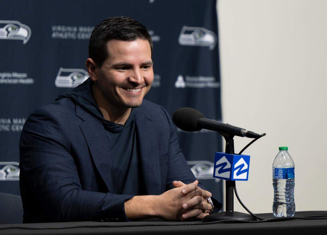 New Seahawks head coach Mike Macdonald answers questions during his press conference as head coach at Virginia Mason Athletic Center on Thursday, Feb. 1, 2024, in Renton, Washington.