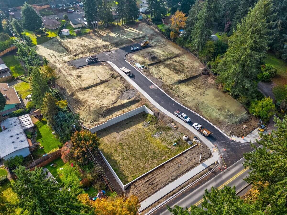 A drone shot of the Austin Court neighborhood lots being developed by Pacific Lifestyle Homes in Lakewood.