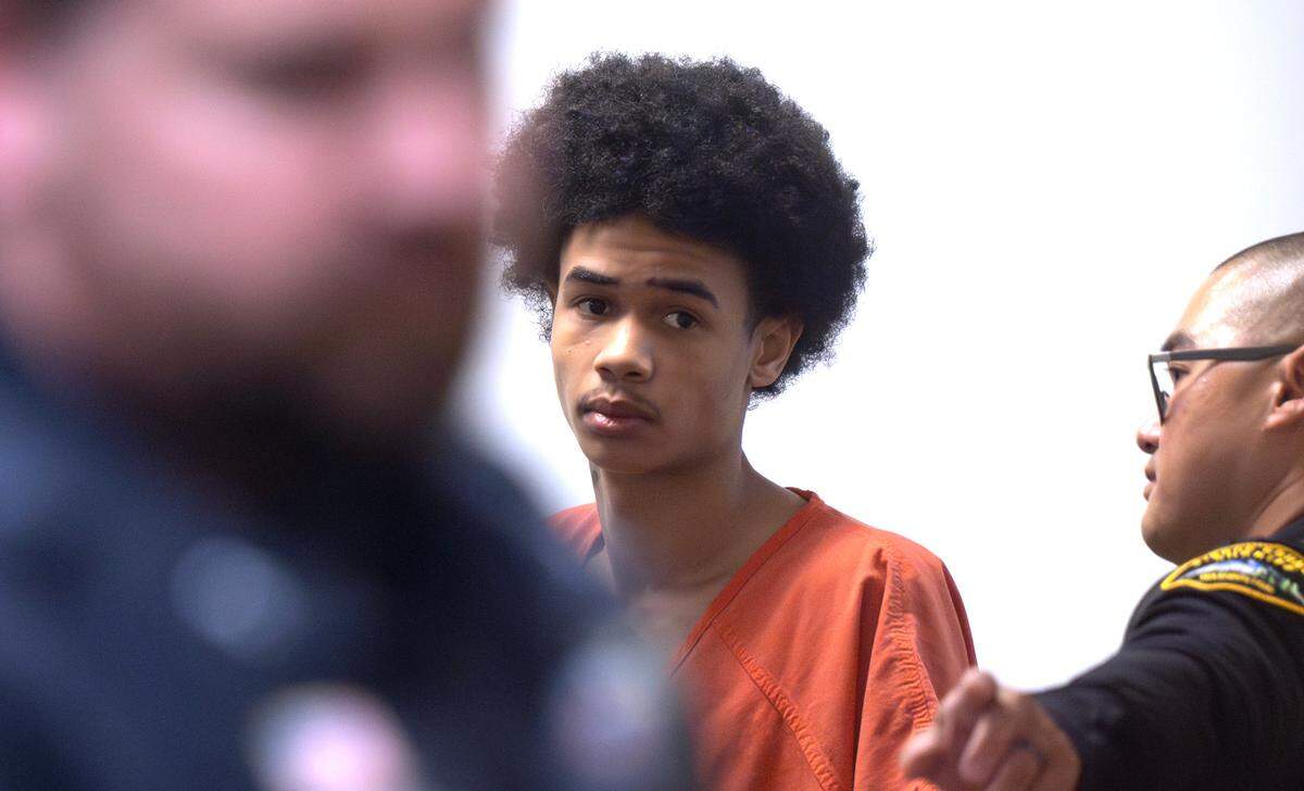 Julian Hart appears in Pierce County Superior Court in Tacoma, Washington, on Wednesday, Aug. 28, 2024. Hart was arraigned on counts of first- and second-degree homicide in the 2022 shooting death of An’jai Whitted.