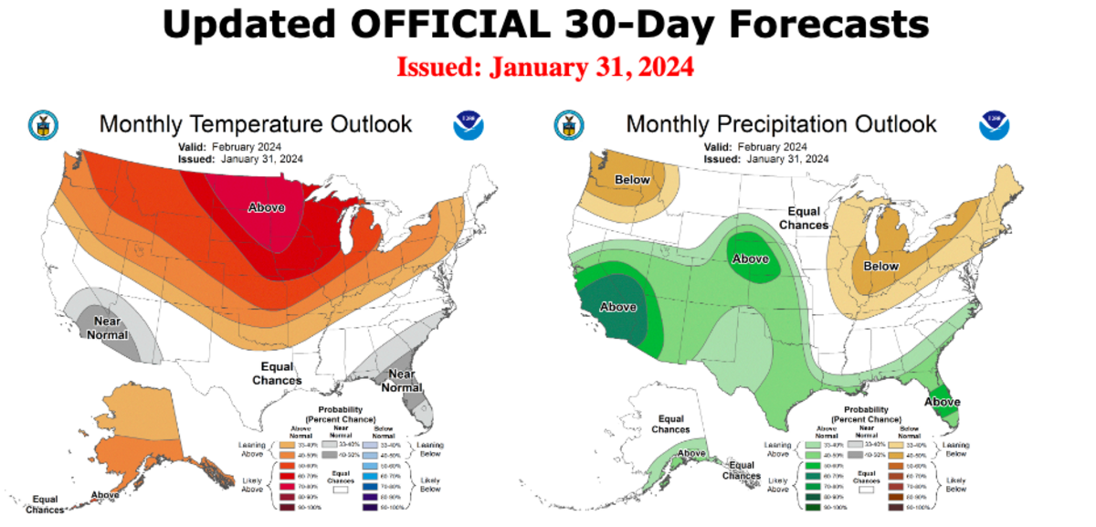 A screenshot of forecast maps produced by the National Weather Service Climate Prediction Center shows anticipated February precipitation and temperatures across the nation.