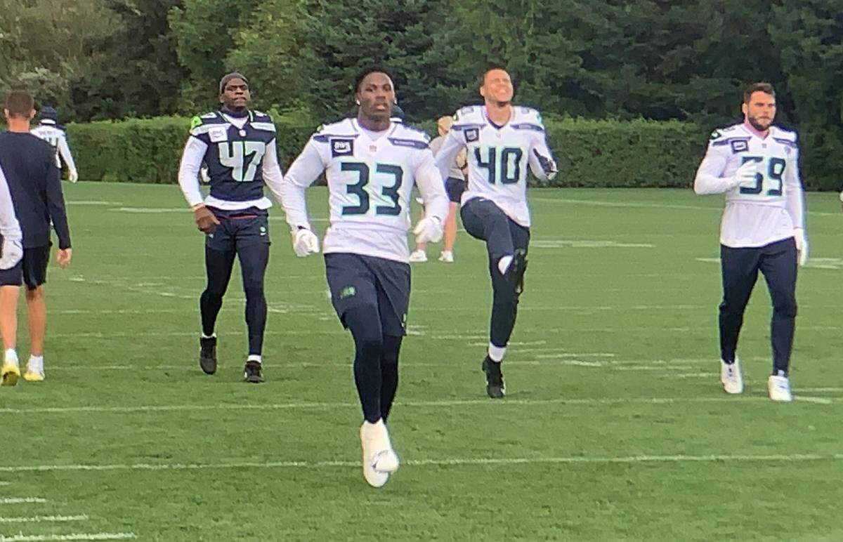 Cornerback and kick returner Dee Williams (33), a rookie free agent from the University of Tennessee, warms up for the 19th practice of Seahawks training camp at the Virginia Mason Athletic Center in Renton, Aug. 21, 2024.
