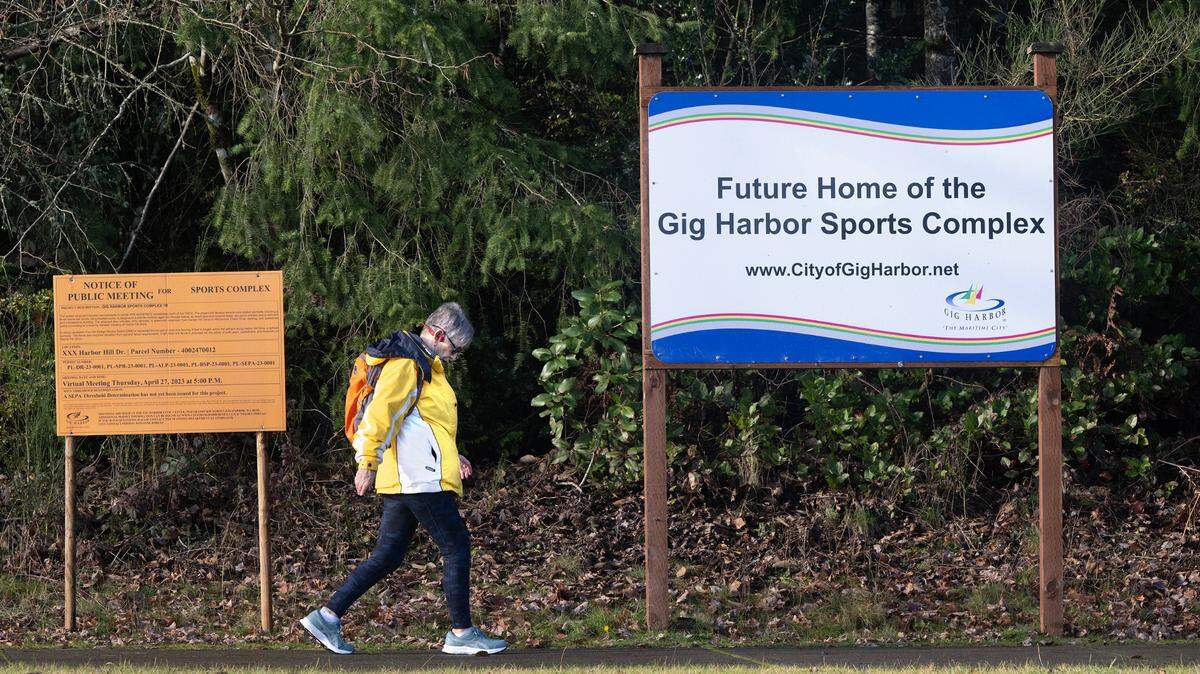 The site of the planned Gig Harbor Sports Complex along Harbor Hills Drive in Gig Harbor, Washington, on Tuesday, Dec. 26, 2023.