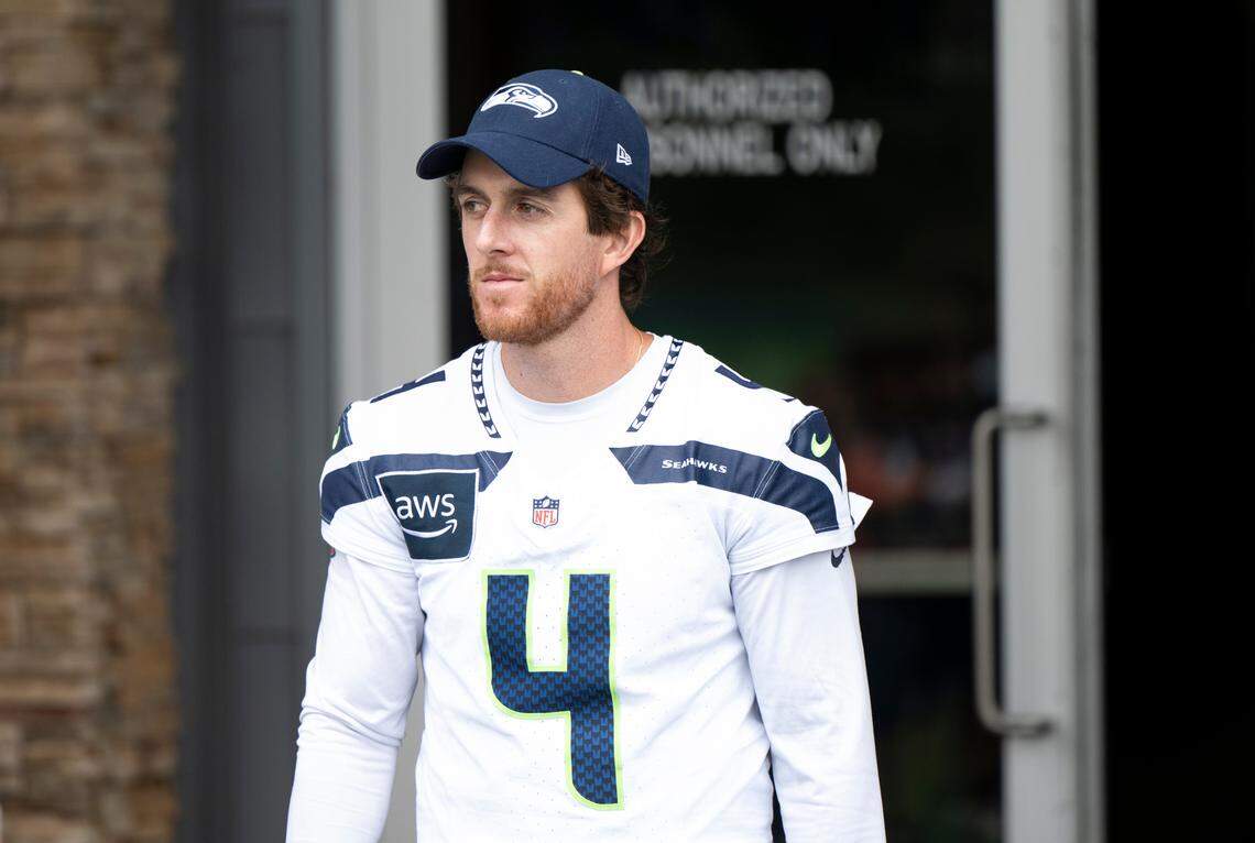 Seattle Seahawks punter Michael Dickson (4) walks out during training camp at Virginia Mason Athletic Center on Friday, July 25, 2025, in Renton, Wash.