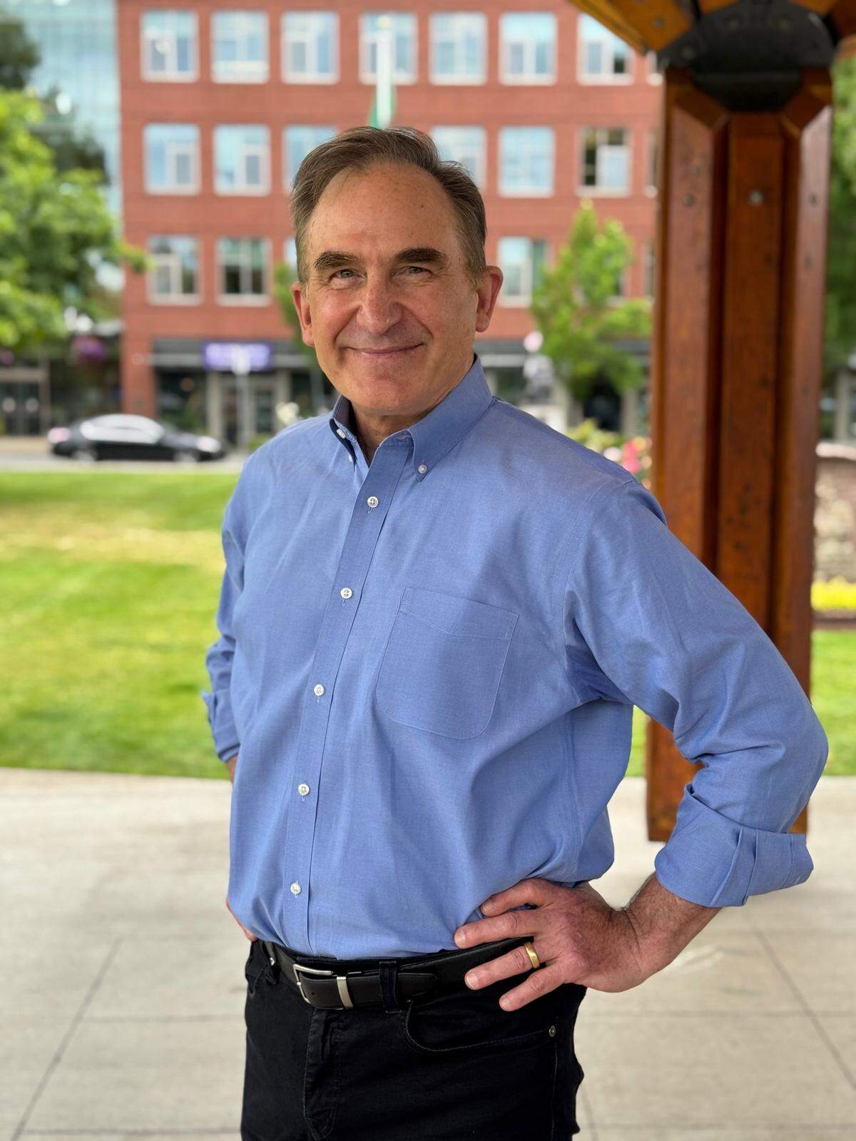 Mayor Jim Kastama poses in Puyallup’s Pioneer Park ahead of the Nov. 4 election. Kastama is running against challenger Jeff Bennett to keep his council seat.