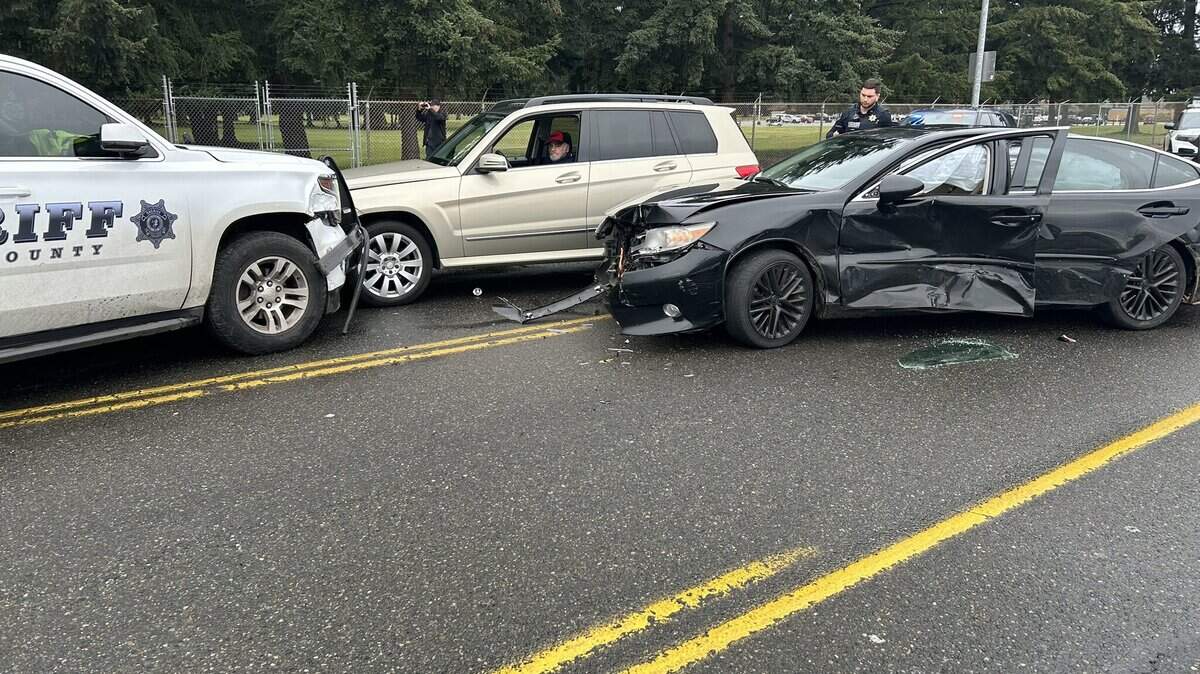 A crash at the 15600 block of Pacific Avenue in Spanaway has blocked the roadway on Feb. 22. Four officers were taken to a local hospital. 
