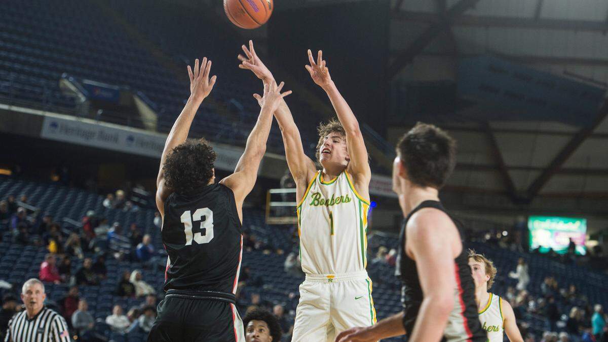 Richland guard Landen Northrop (1) puts up a shot in the fourth quarter against Union in the opening round of the Class 4A boys state basketball tournament on Wednesday, March 1, 2023 at the Tacoma Dome in Tacoma, Wash.