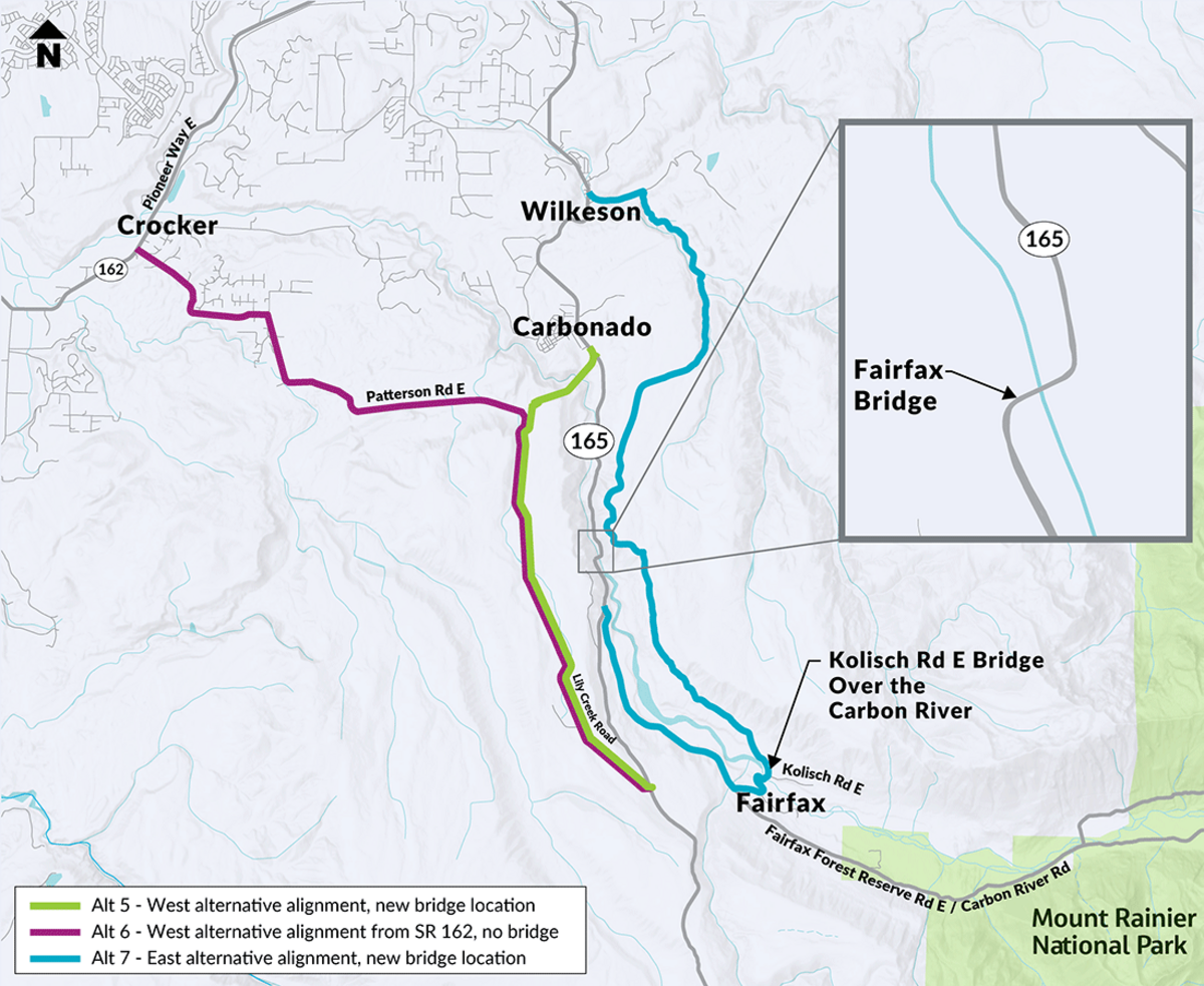 A diagram showing options 5-7, which would all require realigning state Route 165.