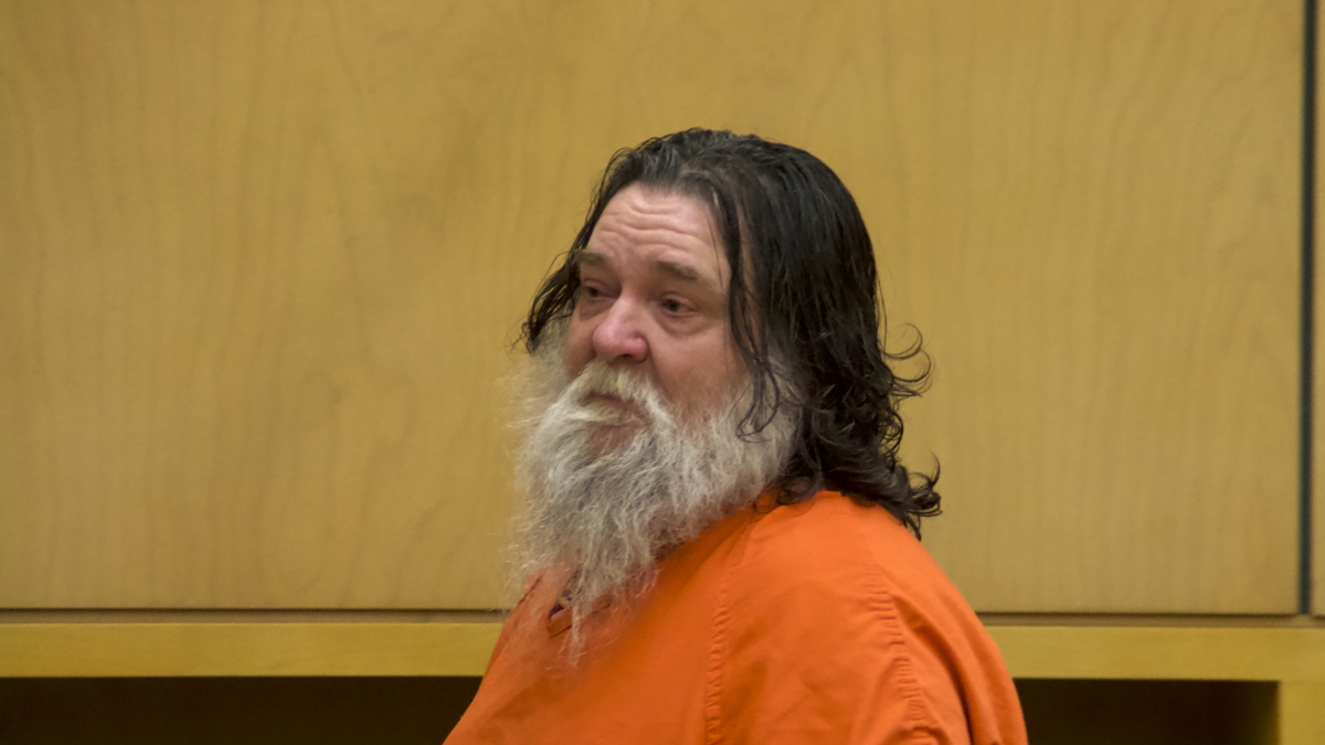 Henry William Hauser Jr., 56, appears Friday, Oct. 6, 2023, in Pierce County Superior Court to be sentenced after a jury found him guilty of kidnapping a woman in 2021 and holding her captive in his garage. Hauser was sentenced to life in prison.