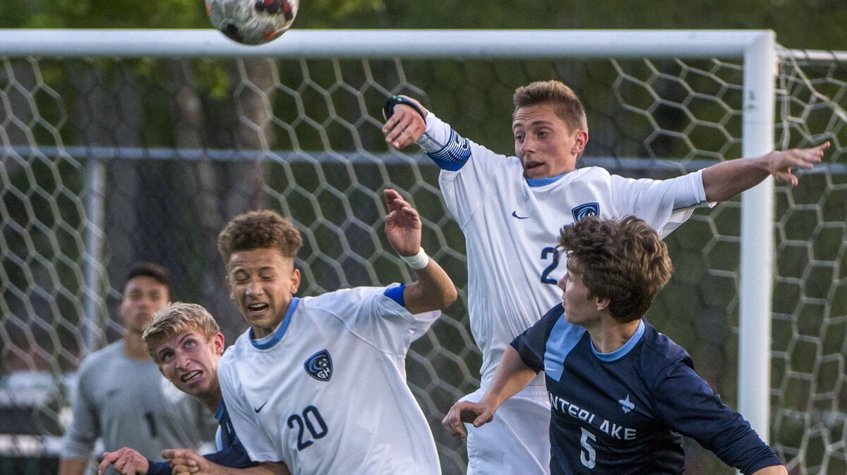 Gig Harbor defenders Nate Jones and Max Frank  of go up against Owen Gortner and Nick Peterson of Interlake High School in a boys 3A soccer playoff game at Roy Anderson Field in Purdy, May 15, 2018.  Gig Harbor beat Interlake, 2-1.
