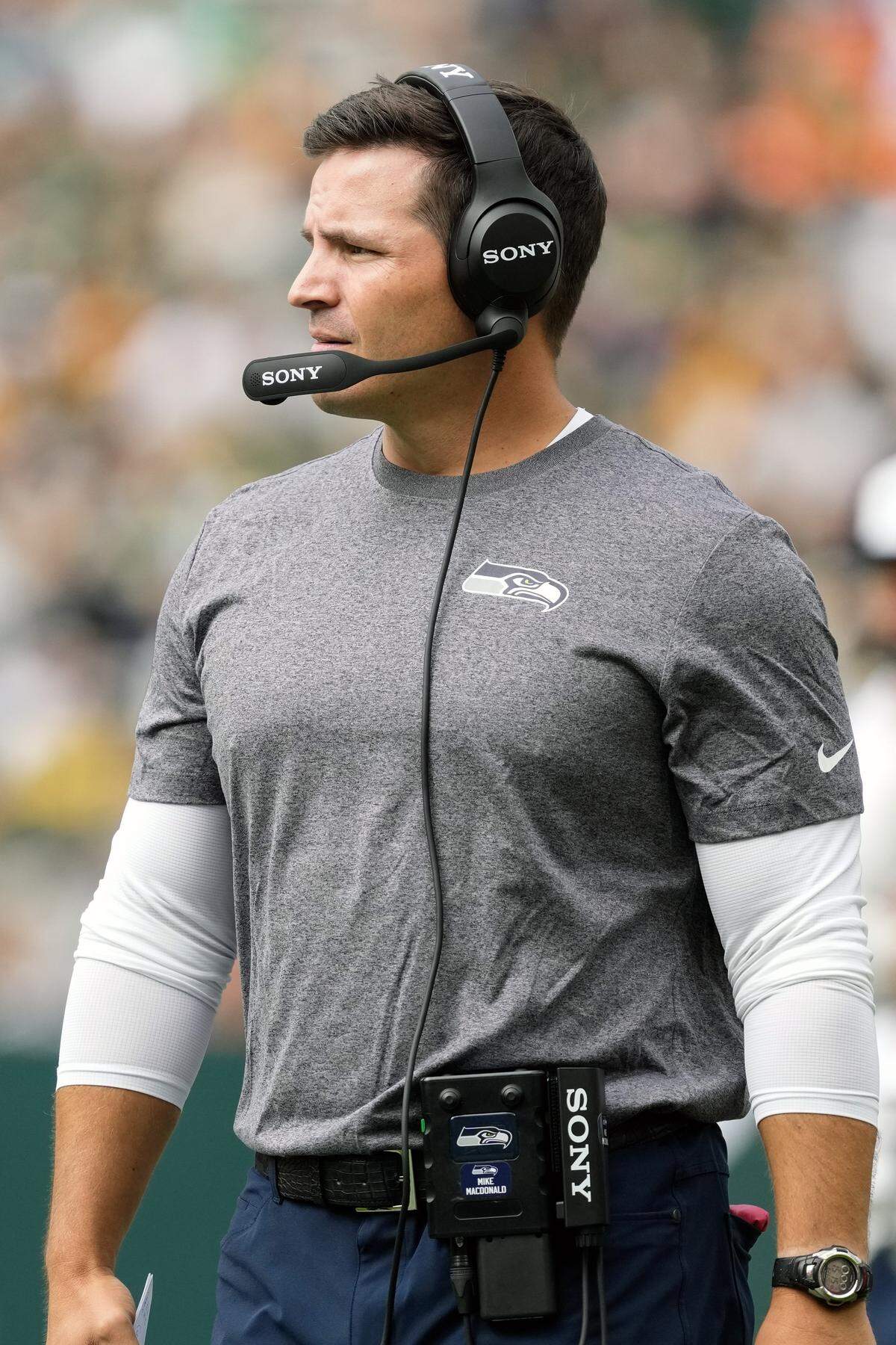 Seattle Seahawks head coach Mike Macdonald looks on during the first quarter against the Green Bay Packers at Lambeau Field. Mandatory Credit: Jeff Hanisch-Imagn Images