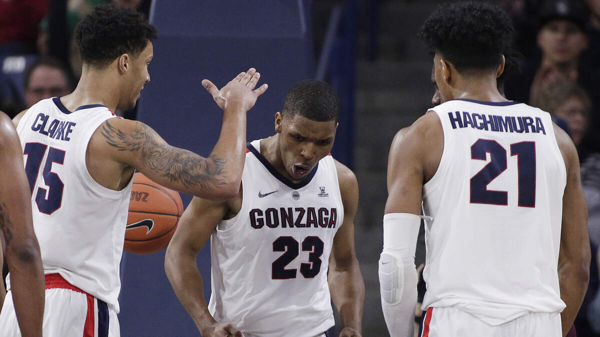 Gonzaga guard Zach Norvell Jr. (23) reacts after making a basket in front of his teammates forward Brandon Clarke (15) and forward Rui Hachimura (21) during the second half of an NCAA college basketball game against Texas A&M in Spokane, Wash., Thursday, Nov. 15, 2018. Gonzaga won 94-71. (AP Photo/Young Kwak)