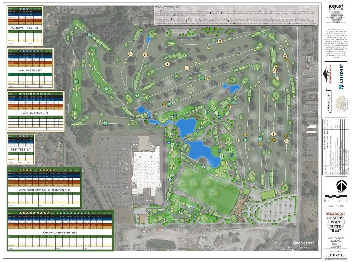 The planned three-hole programming course, pictured on the south end of Meadow Park’s property, pushes the driving range to the north, in between a renovated Williams Nine.