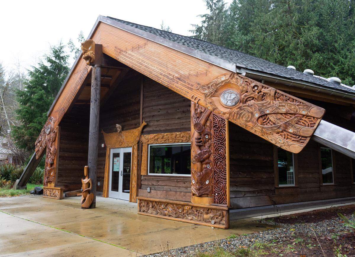The intricate design of the fiber arts studio at Evergreen State College Indigenous Arts Campus in Olympia is inspired by the cultures and art styles of both Coast Salish and Māori (the Indigenous people of what is now called New Zealand) people. Opened in 2017, the studio is fitted with equipment conducive to the specific needs of Indigenous weavers, like dyeing traditional weaving materials.