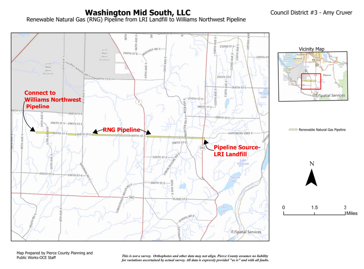 A map of a new proposed natural-gas pipeline that would transfer methane from the LRI Landfill in South Hill to the Williams Northwest Pipeline eight miles away.