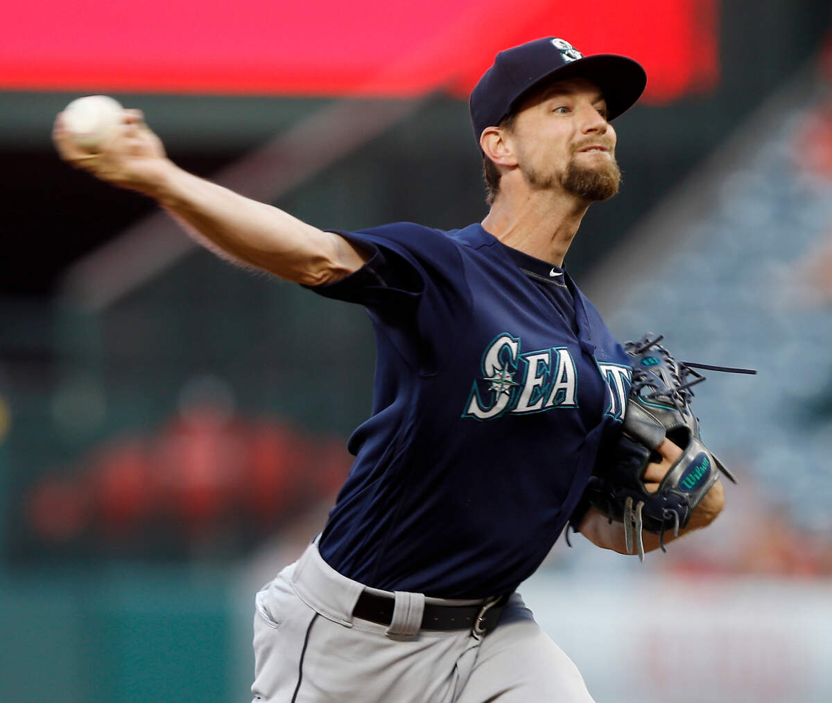 Seattle Mariners starting pitcher Mike Leake works against a Los Angeles Angels batter during the first inning of a baseball game in Anaheim, Calif., Tuesday, July 10, 2018. (AP Photo/Alex Gallardo)