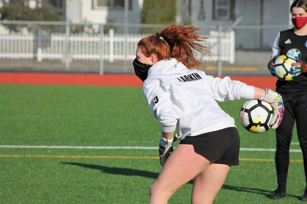 Puyallup High School junior goalkeeper Ally Larkin has been a force in front of net for the Vikings this year, recording three clean sheets in four games. Photographed at practice at Sparks Stadium on Monday, March 1, 2021.