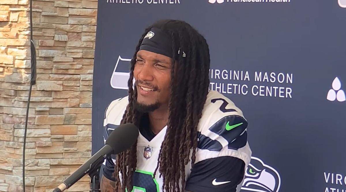 New starting safety Rayshawn Jenkins talks to reporters at Seahawks training camp at the Virginia Mason Athletic Center in Renton Aug. 2, 2024.