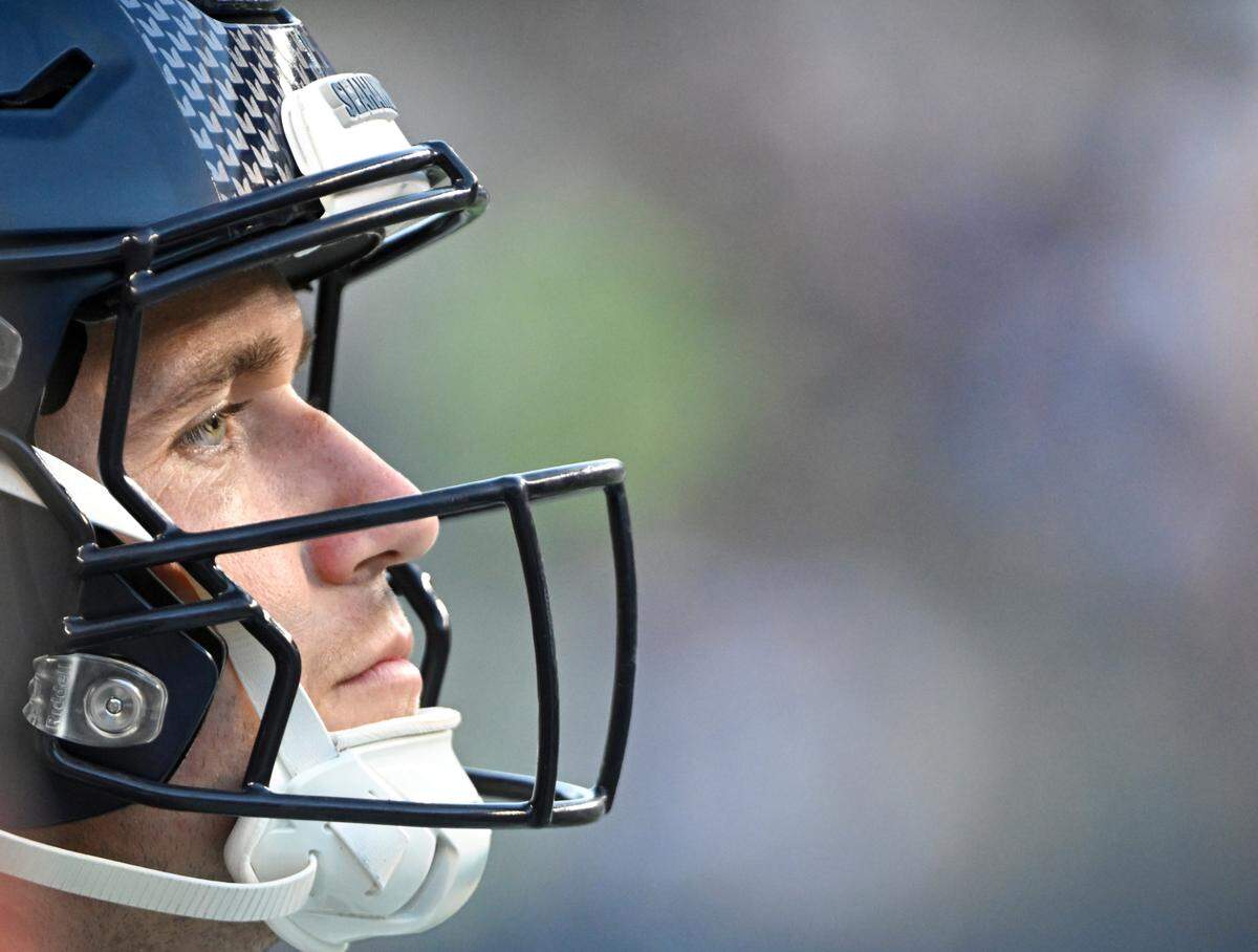 Seattle Seahawks quarterback Drew Lock (2) looks on from the sidelines during the first quarter of the preseason game against the Minnesota Vikings at Lumen Field, Thursday, Aug. 10, 2023, in Seattle, Wash.