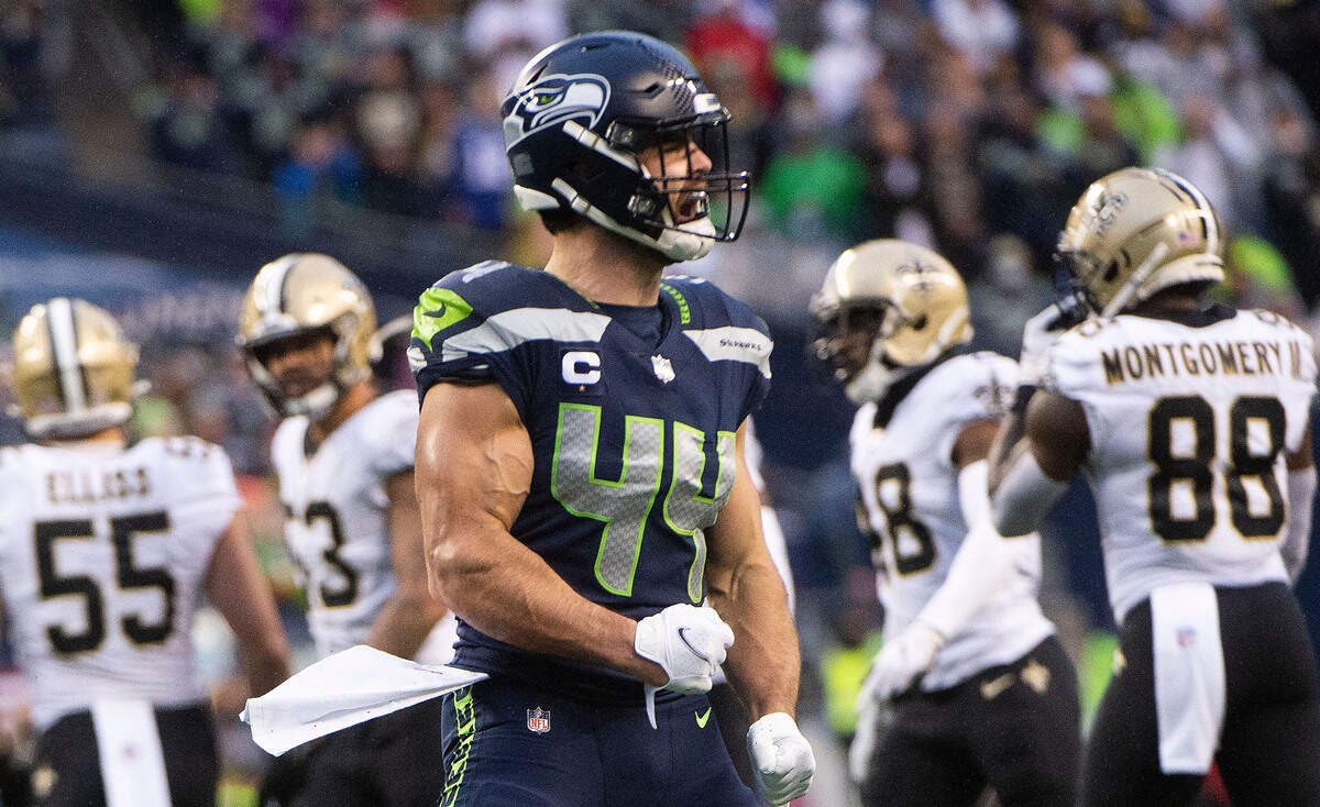 Special teams star Nick Bellore shouts after making vigorous tackle on a kickoff during an NFL game between the Seattle Seahawks and the New Orleans Saints at Lumen Field in Seattle on Monday, Oct. 25, 2021.