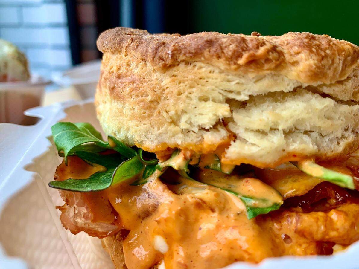 Side Piece Kitchen slings towering biscuits from a shared kitchen in South Tacoma. The Loud Pack combines prosciutto, goat cheese, arugula and a powerful pepper aioli.