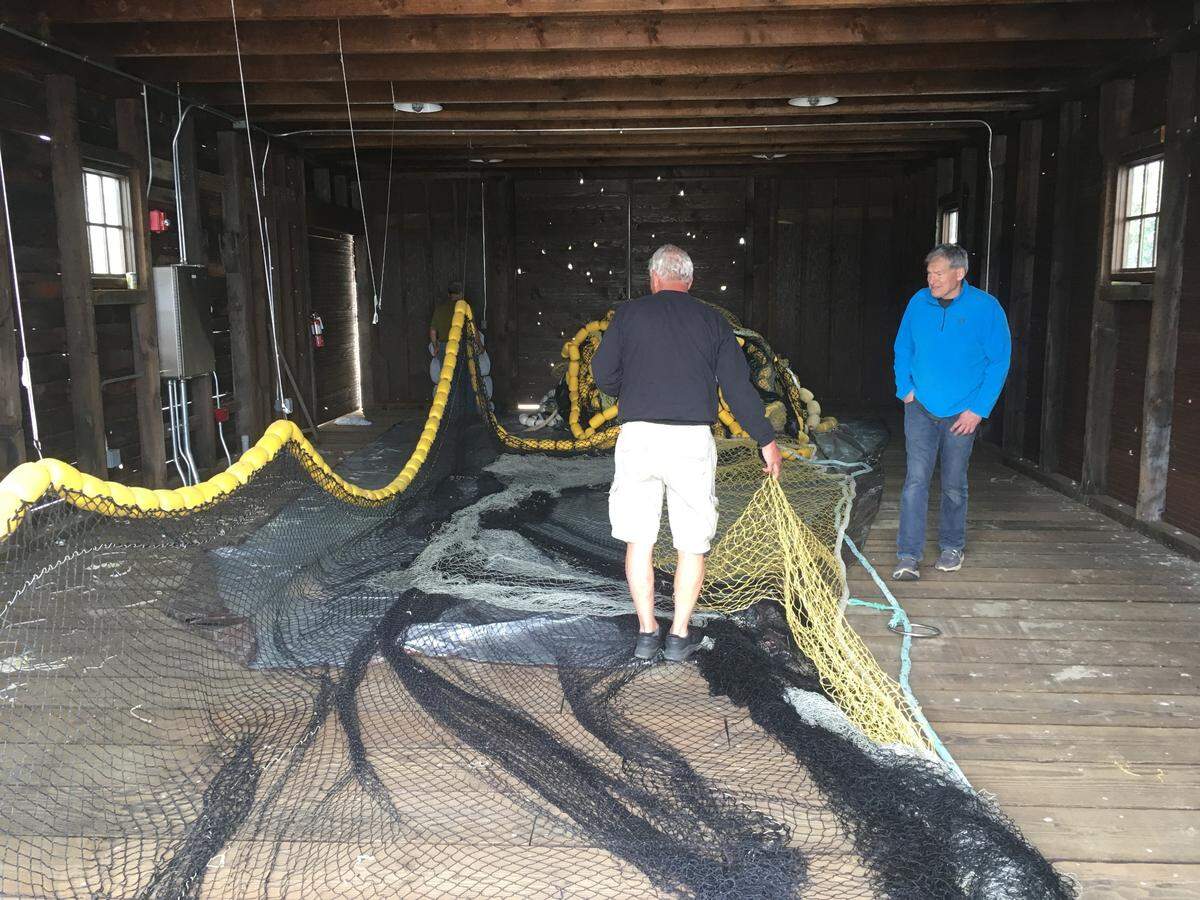 Local fishermen repair a net at the Ancich Netshed.