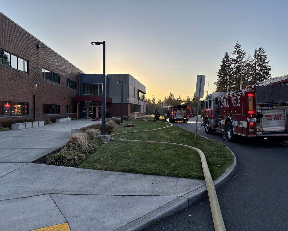 Trucks from Central Pierce Fire and Rescue parked outside of Ferrucci Junior High School while crews handled an early morning fire on April 4.
