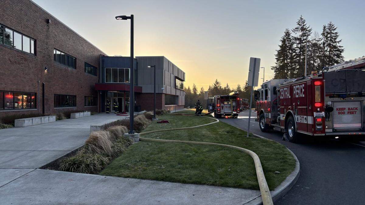Trucks from Central Pierce Fire and Rescue parked outside of Ferrucci Junior High School on April 4, 2026, while crews handled an early morning fire.