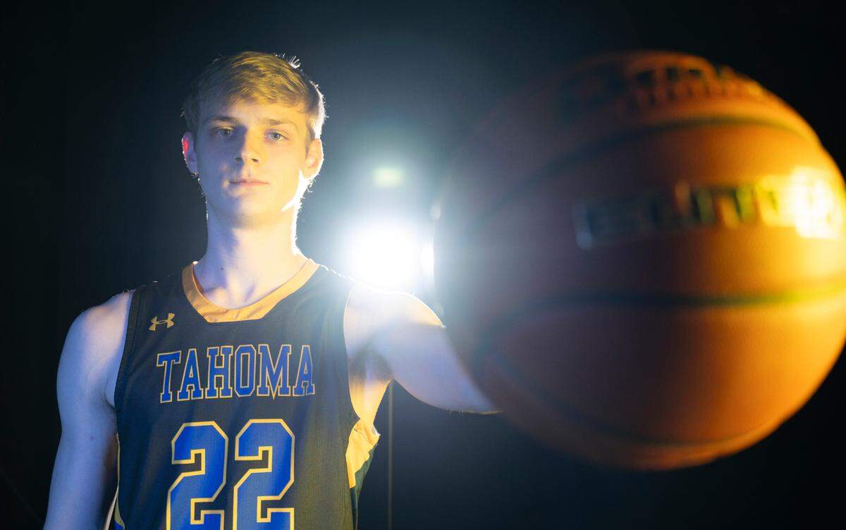 Tahoma’s Adam Davis poses for a portrait after being selected as The News Tribune’s 2023 All-Area basketball first team, at Silas High School, on Sunday, March 17, 2024 in Tacoma, Wash.
