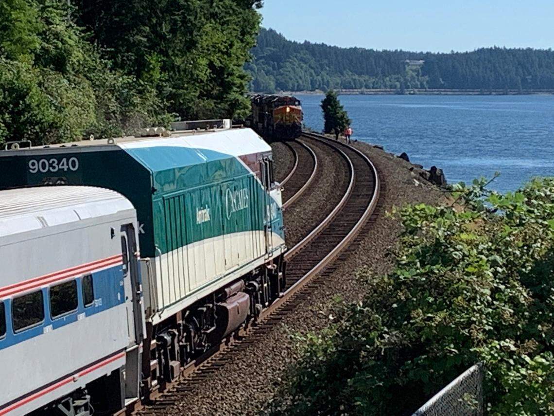 An Amtrak Cascades passenger train, left, and a BNSF freight train farther down the coast in Steilacoom. 