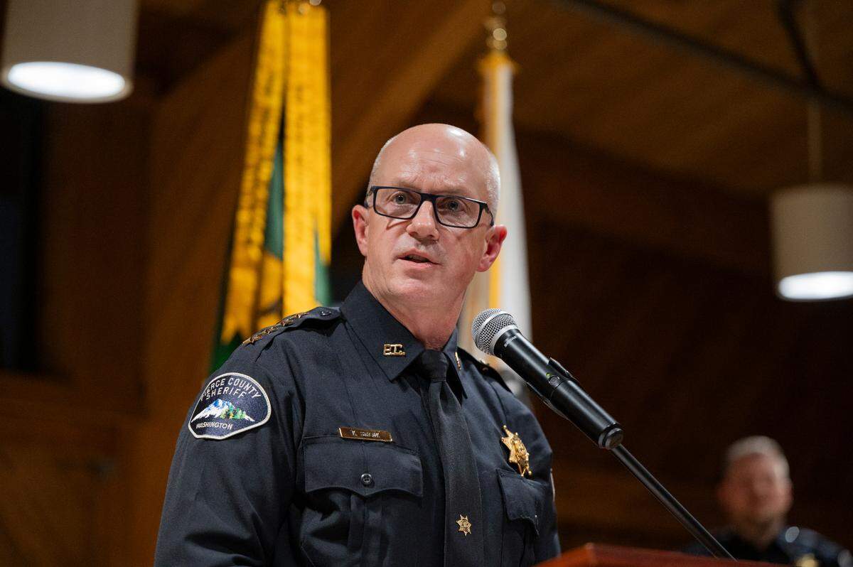 Newly elected Pierce County Sheriff Keith Swank gives remarks after being sworn in in at a swearing-in ceremony at Frontier Park Lodge, on Wednesday, Jan. 15, 2025, in Graham Wash.