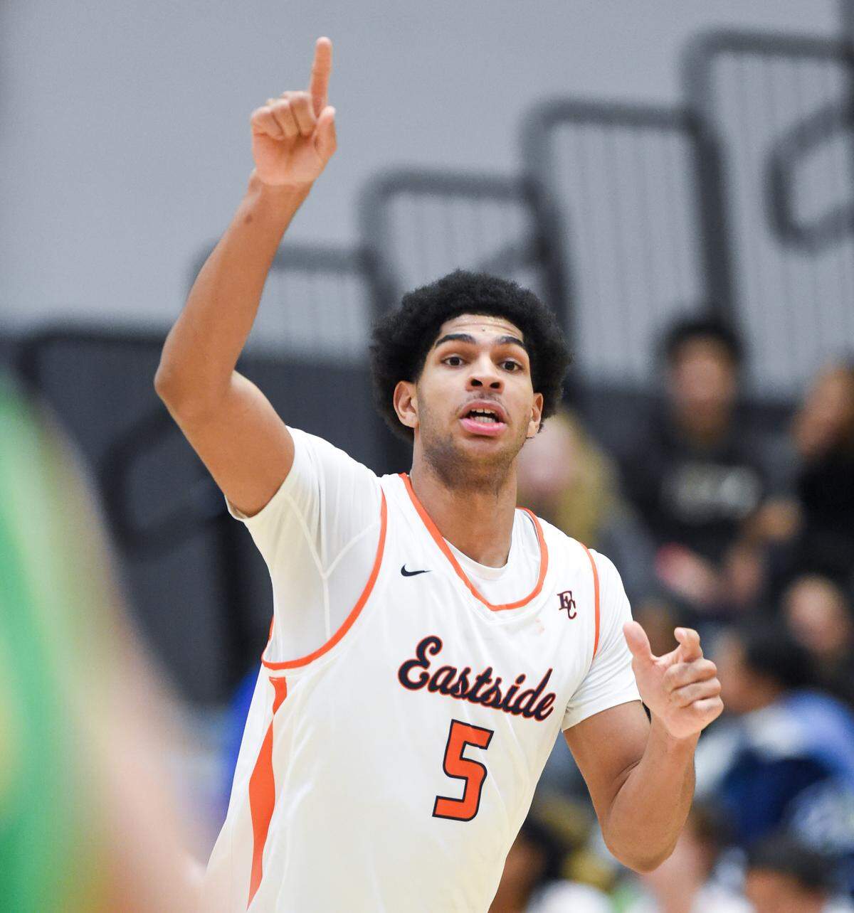 Eastside Catholic’s Jacob Cofie (5) points after an Eastside basket during the boys basketball game against Richland in The Dream Showcase, on Monday, Jan. 15, 2024, in Federal Way, Washington.