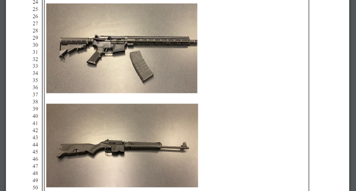 Two of three semiautomatic assault rifles allegedly found in Janeice Downs’ residence during an April 9, 2024 SWAT team operation are shown in charging documents filed in Pierce County Superior Court.