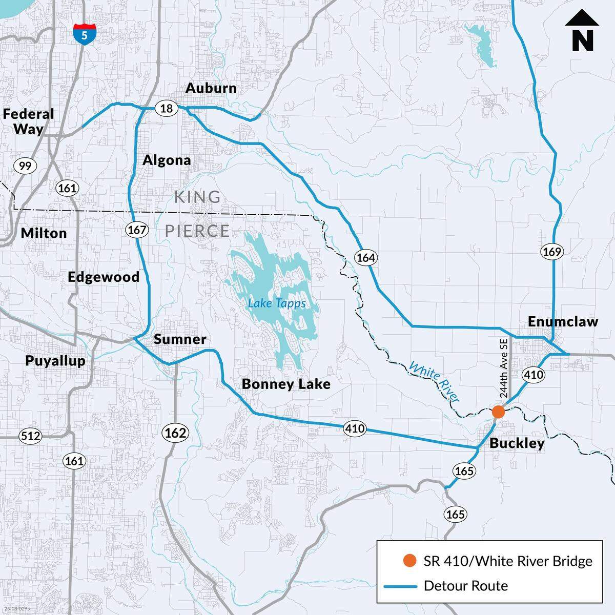 A Washington State Department of Transportation map indicates a detour to get around the closure of the White River Bridge connecting Buckley and Enumclaw at the borders of King and Pierce counties. The bridge was closed after a truck hit the bridge and damaged it Monday, Aug. 18, 2025.